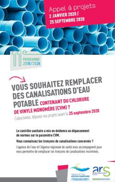 appel à projet : vous souhaitez remplacer des canalisations d'eau potable contenant du chlorure de vinyle monomère ? Collectivités, déposez vos projets avant le 25 septembre 2020