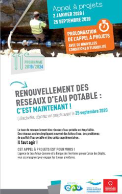 appel à projet renouvellement des eaux potables : c'est maintenant. Collectivités, déposez vos projets avant le 25 septembre 2020.